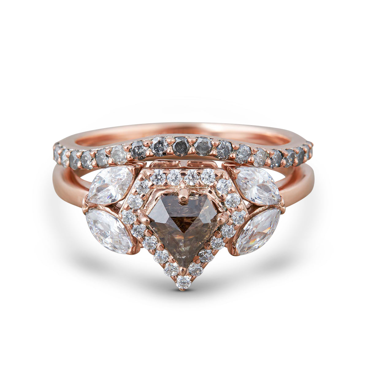 Pentagon Salt and Pepper Natural Diamond Engagement Ring Set