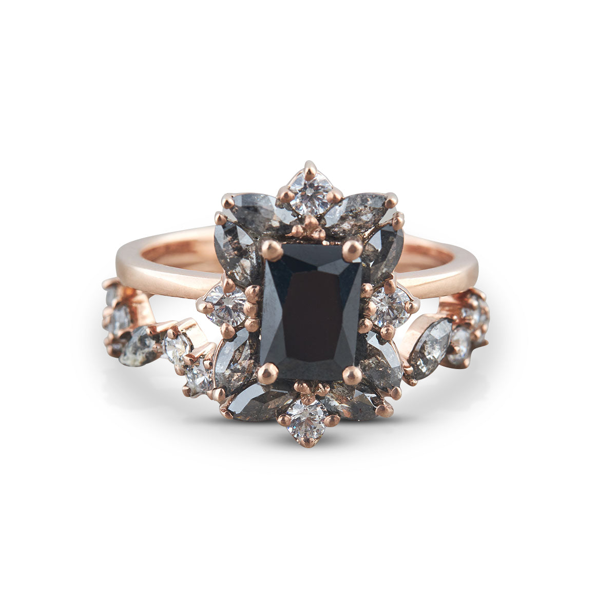 Natural Black Diamond Engagement Ring Set Salt &amp; Pepper Ring