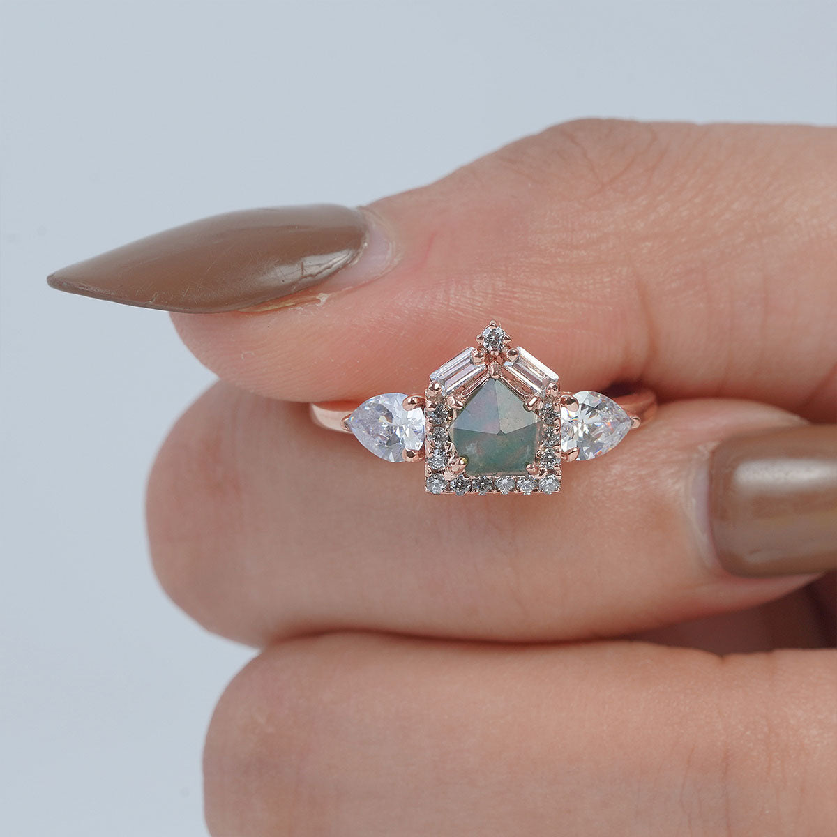 Rose Cut Natural Moss Agate Ring Fancy Engagement Rings