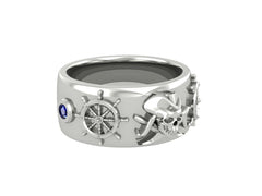 Skull and Cross Sword Ring Nautical Steering Wheel Band 925 Silver