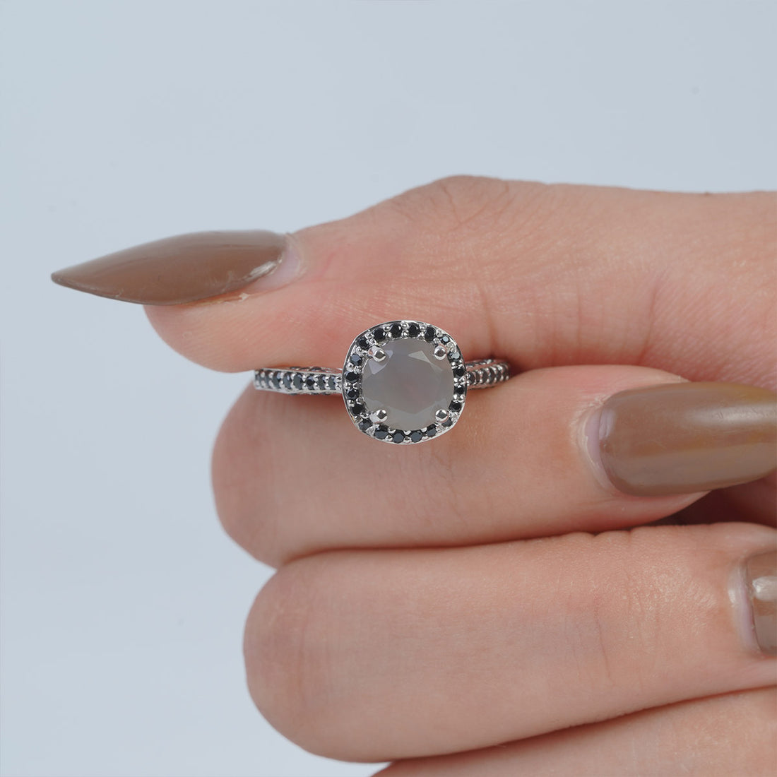 Halo Grey Moonstone Rings 14k White Gold Engagement Ring