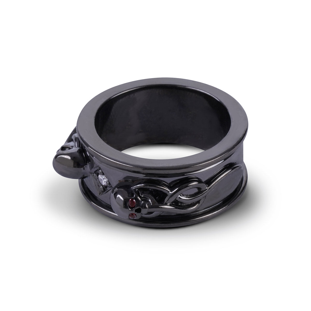 black skull wedding band in gun metal finished sterling silver