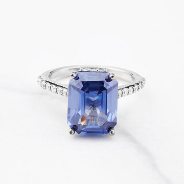 Emerald Cut Blue Titanic Gemstone Hidden Halo Statement Ring