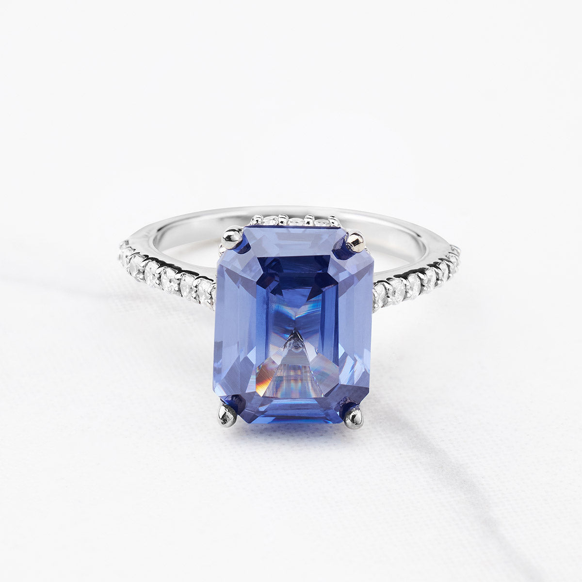 Women's Statement Ring Emerald Cut Blue Titanic Gemstone Hidden Halo Moissanite Cathedral