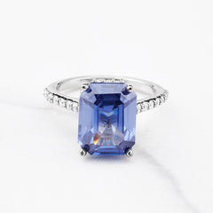 Emerald Cut Blue Titanic Gemstone Hidden Halo Statement Ring