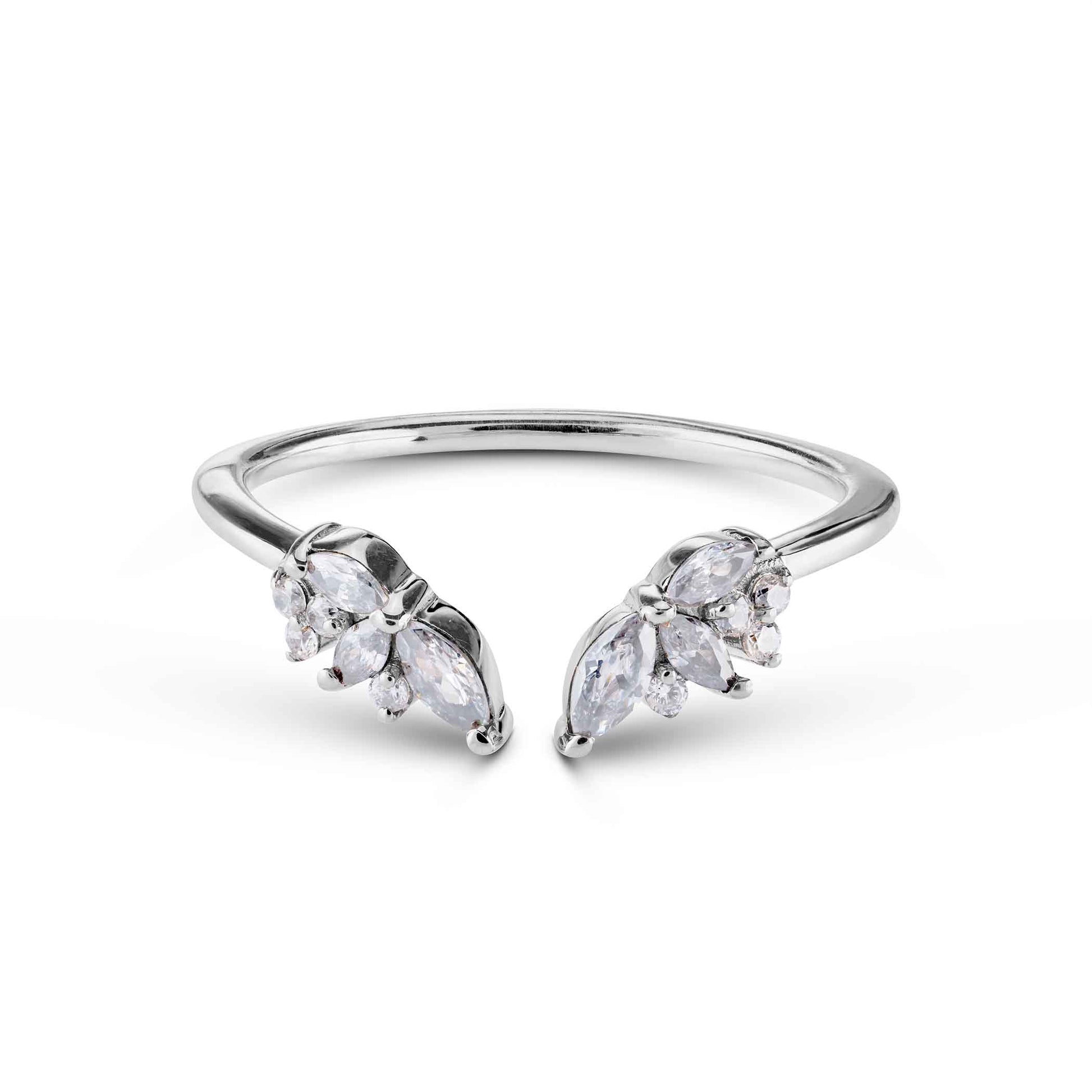 Silver open cuff ring featuring two floral clusters of marquise and round-cut diamonds.