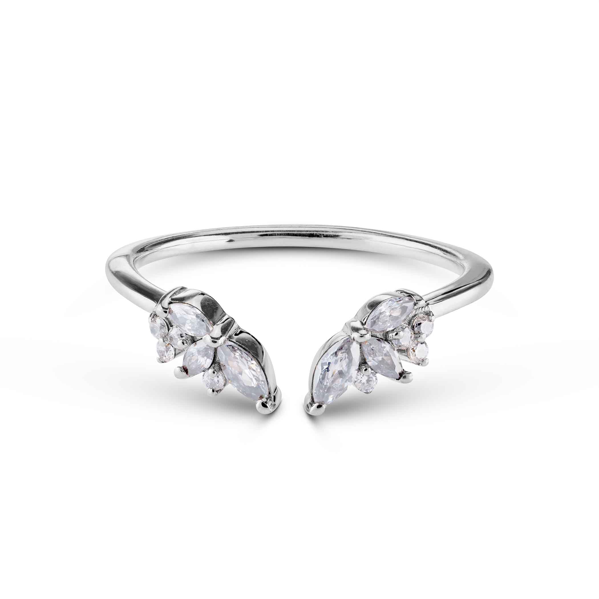 Silver open cuff ring featuring two floral clusters of marquise and round-cut diamonds.