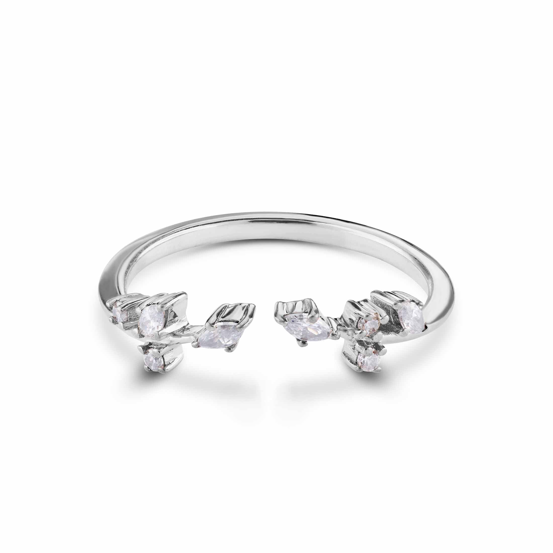 Engagement stacking band  with diamond-like stones on a white background