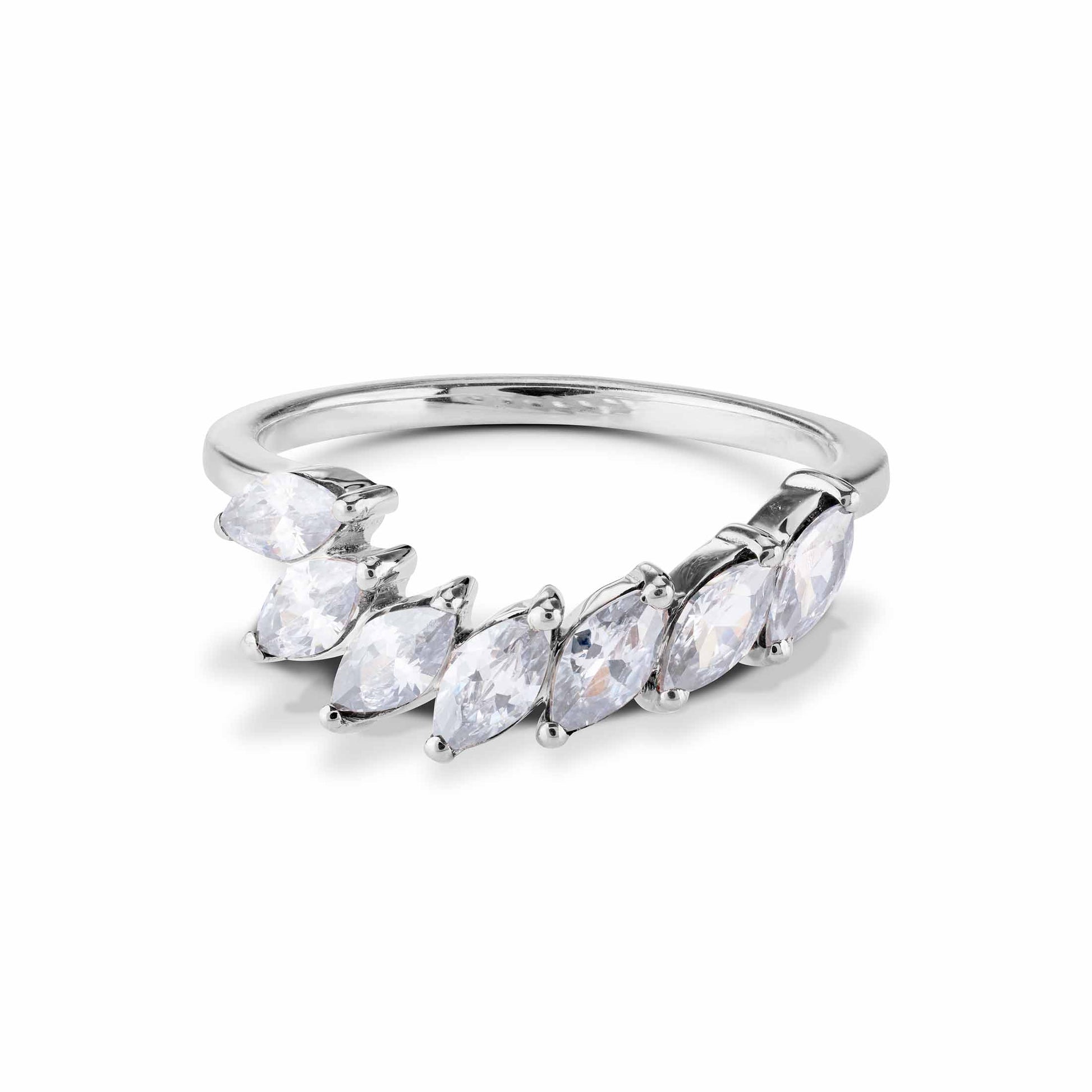 Elegant white gold contour ring set with shimmering marquise diamonds in a sweeping arc.