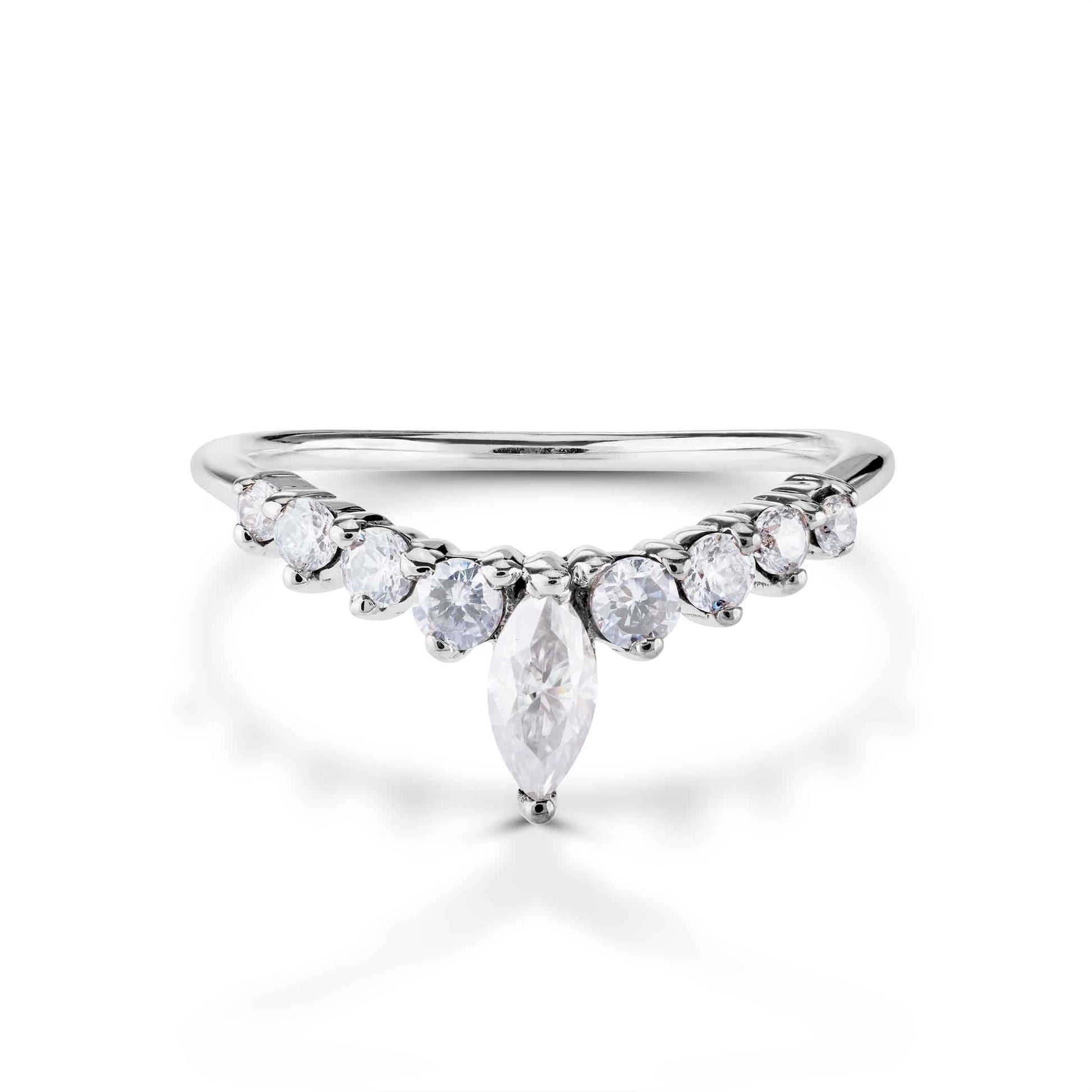 Solitaire Marquise with round-cut diamond curved ring in polished silver, perfect for bridal stacking.