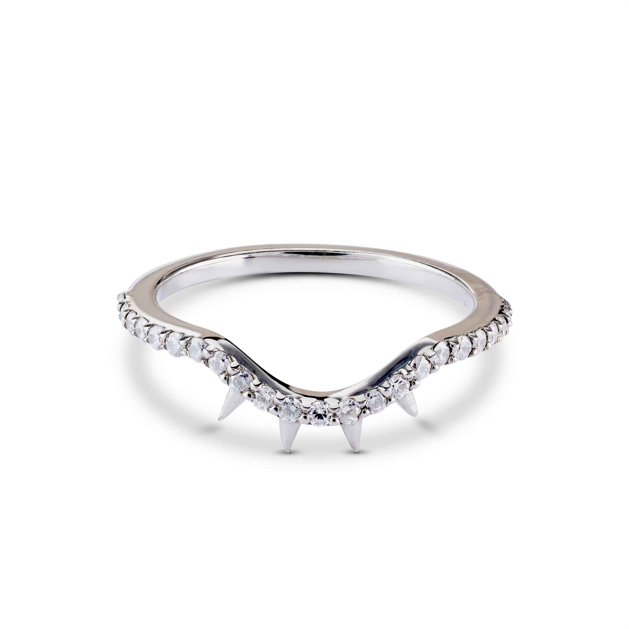 Sparkling white gold V-shaped ring with pavé-set stones and a tiered spike design for a bold look.
