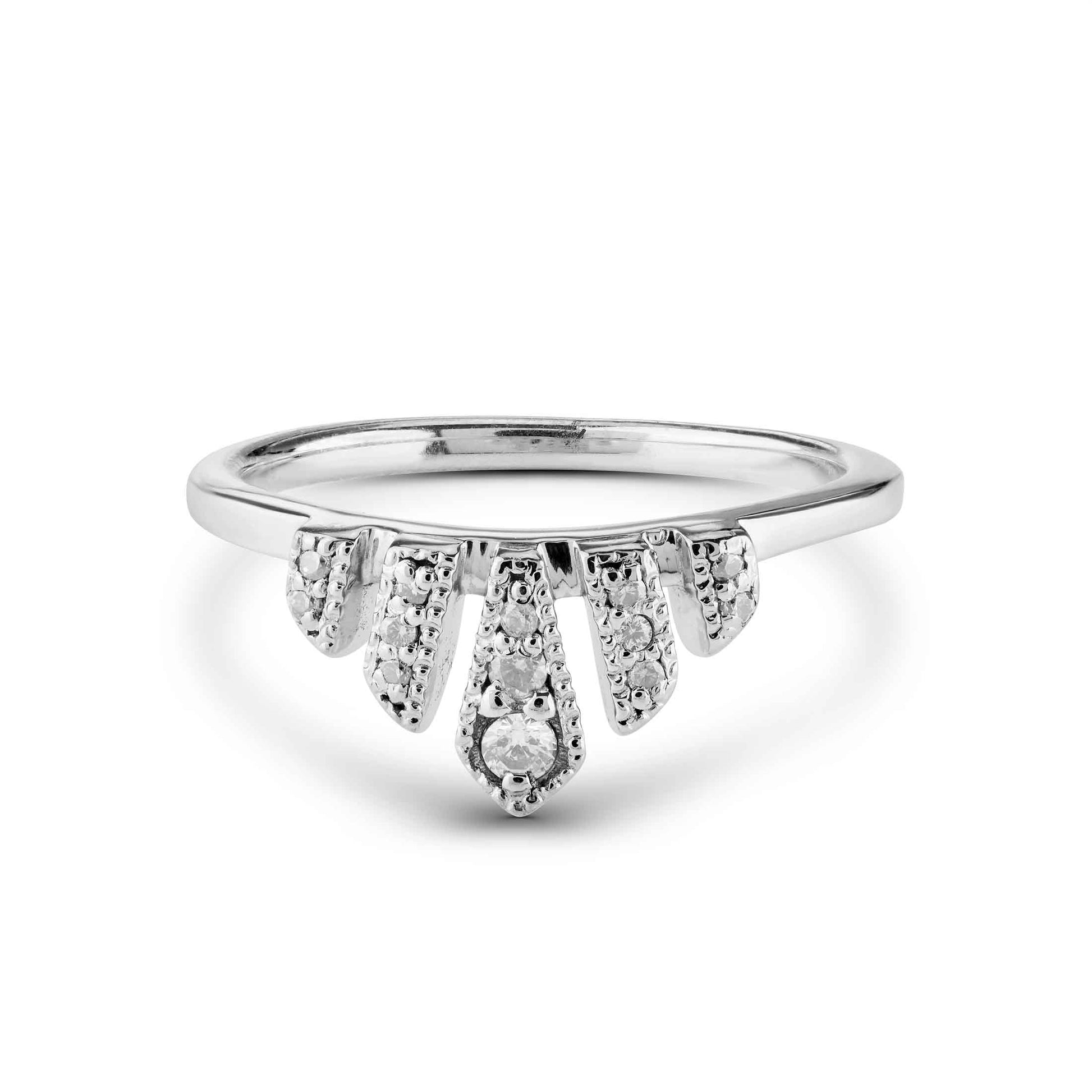 Art Deco-inspired silver ring with a tiered diamond fan design and polished band.