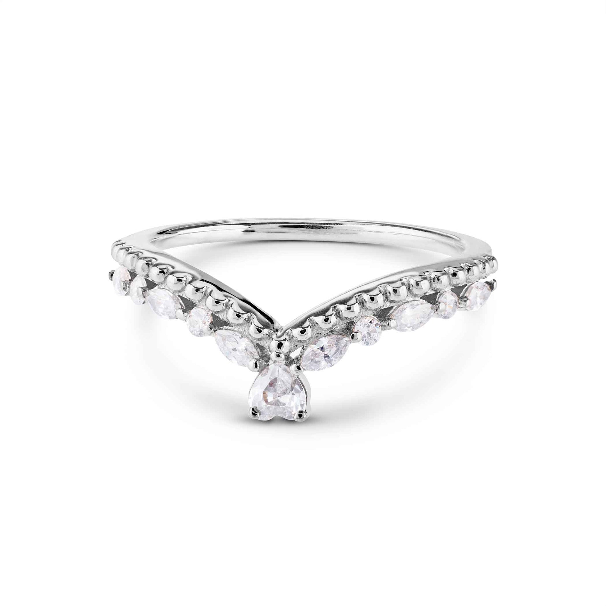 Silver curved band with milgrain detailing and mixed marquise and round-cut diamonds.