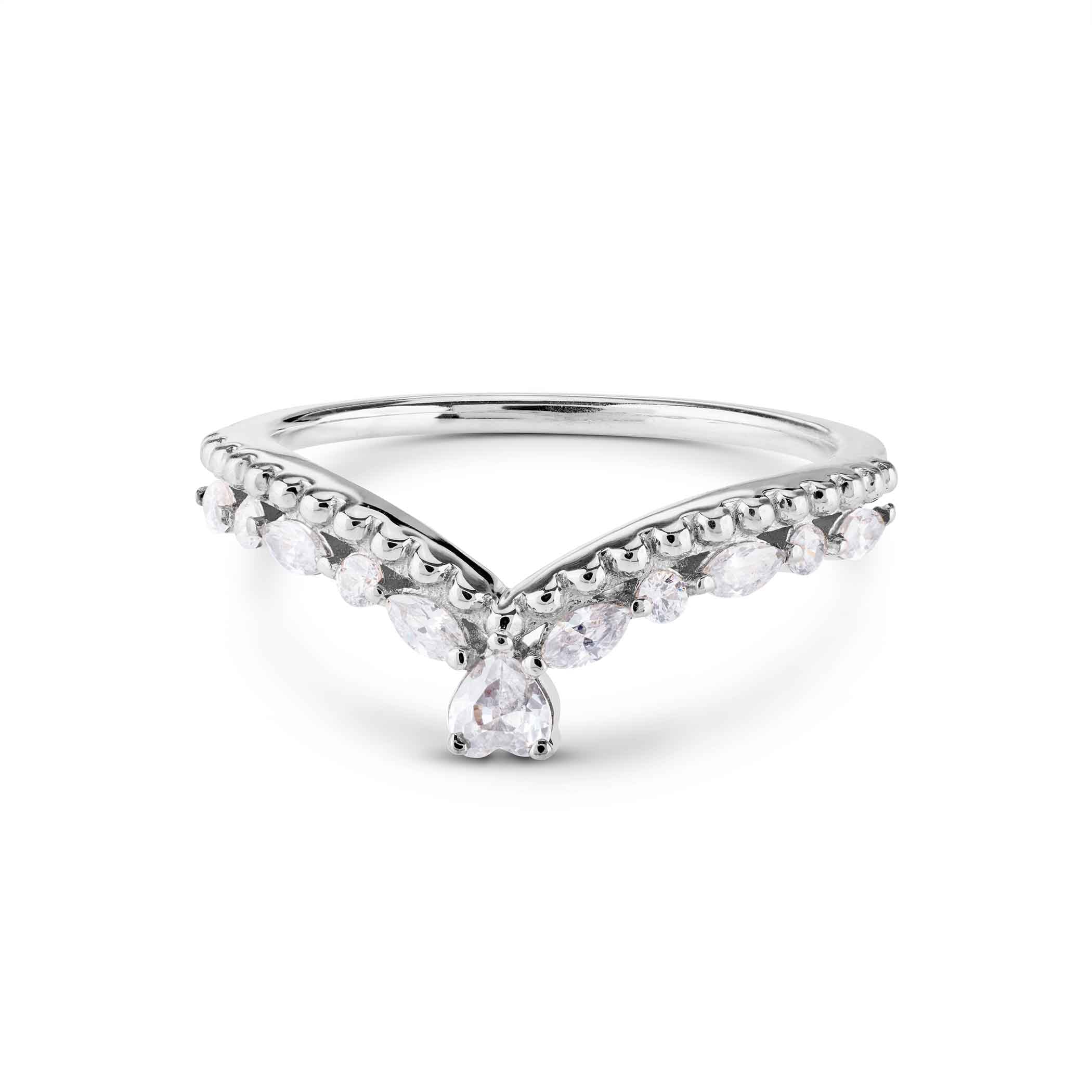 Silver curved band with milgrain detailing and mixed marquise and round-cut diamonds.