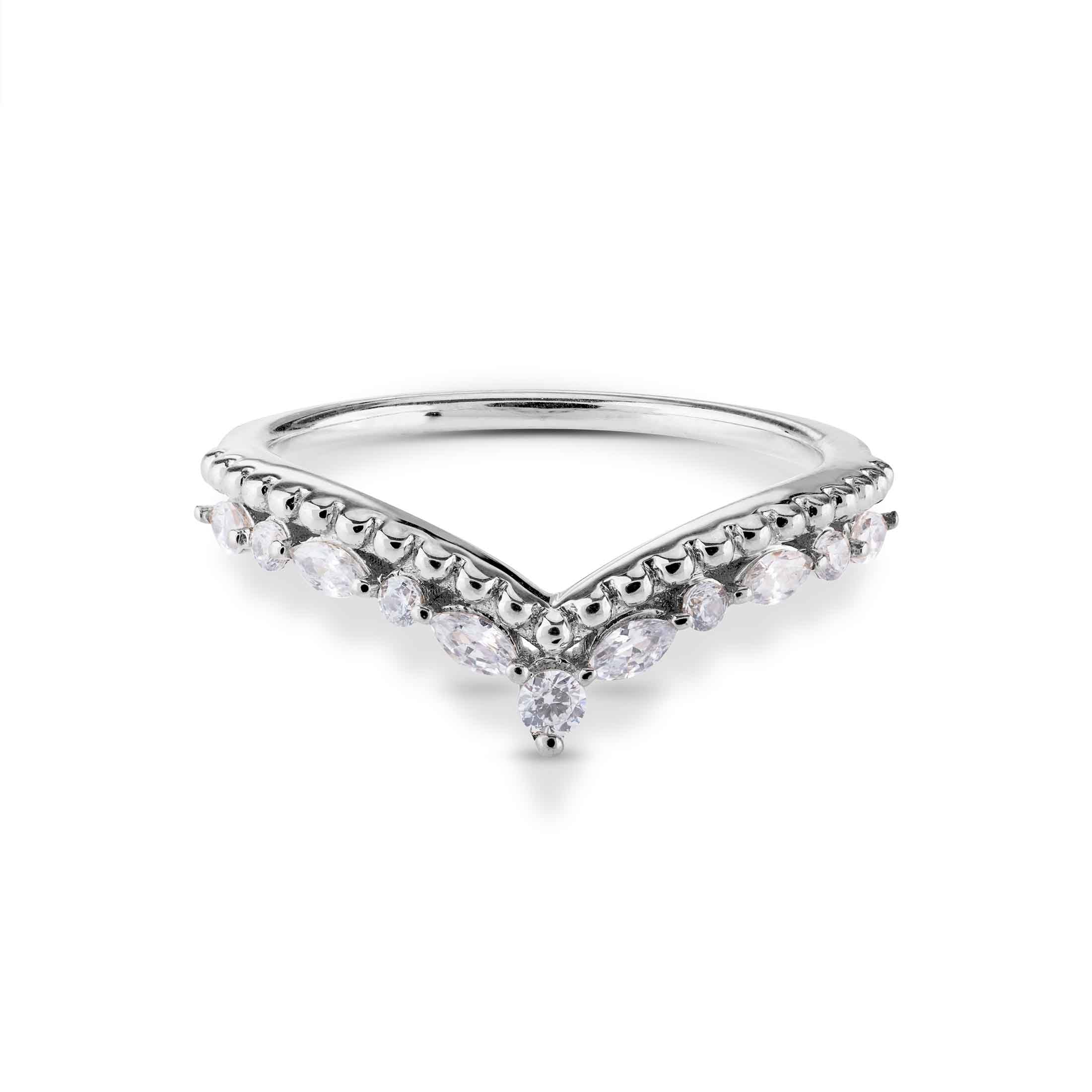 Silver chevron ring featuring a top row of metal beads above a crown of marquise and round diamonds.