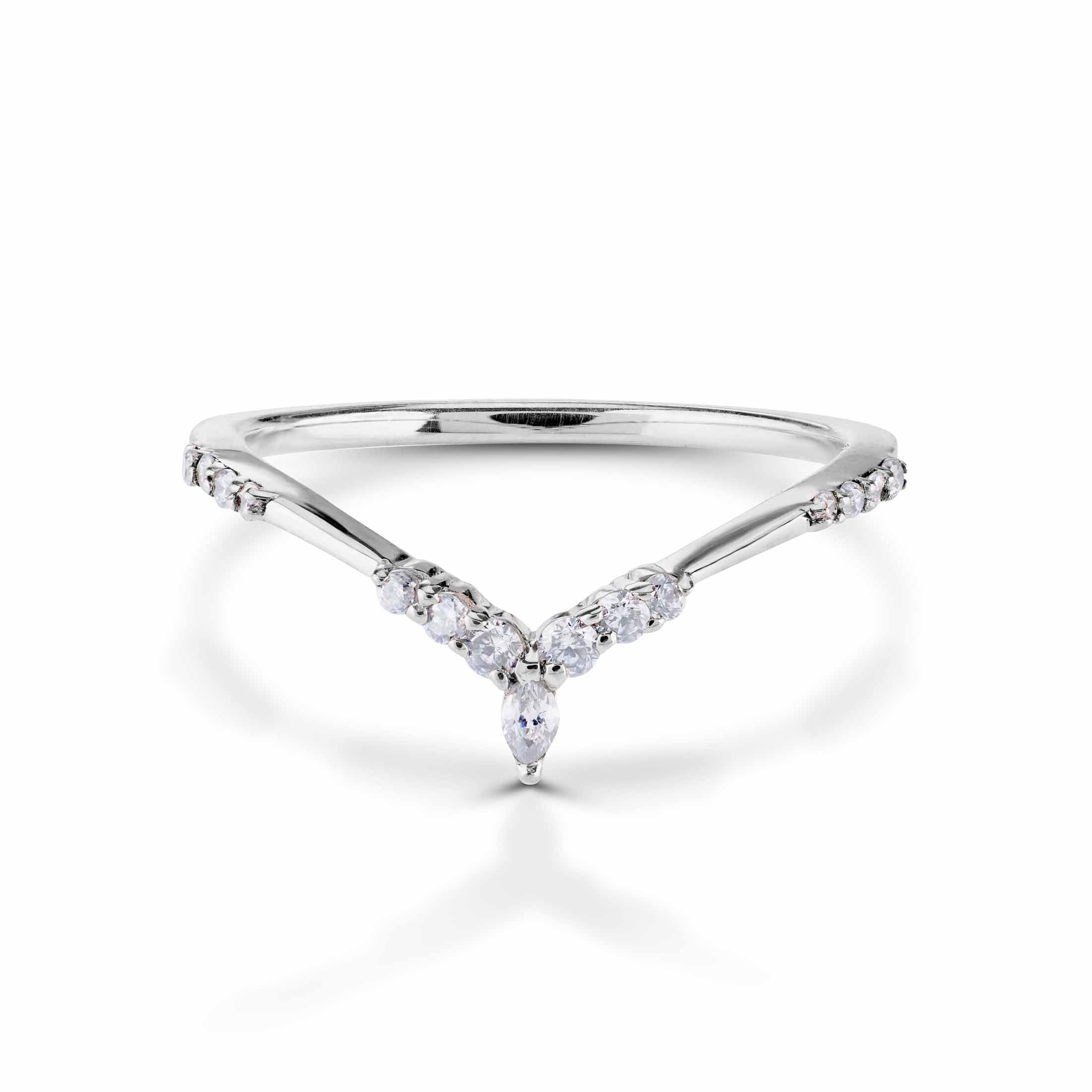 Wedding stackable V-shaped  band featuring a central marquise diamond and pavé side stones.
