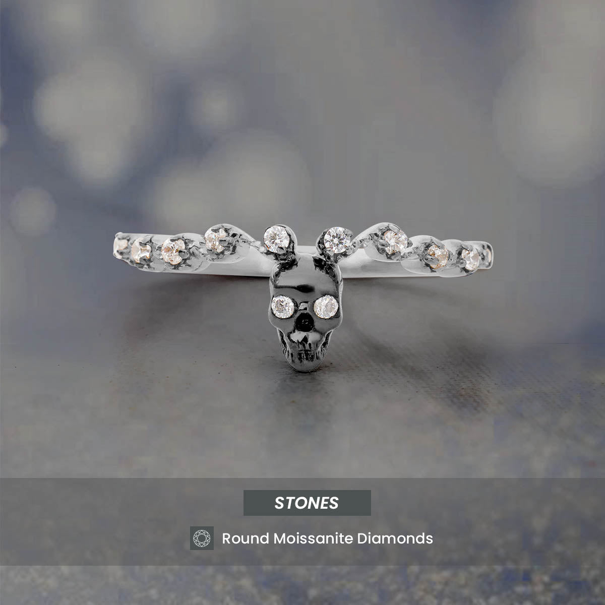 Two Tone Skull Band Moissanite Diamond Gothic Skull Wedding Ring for Women Sterling Silver