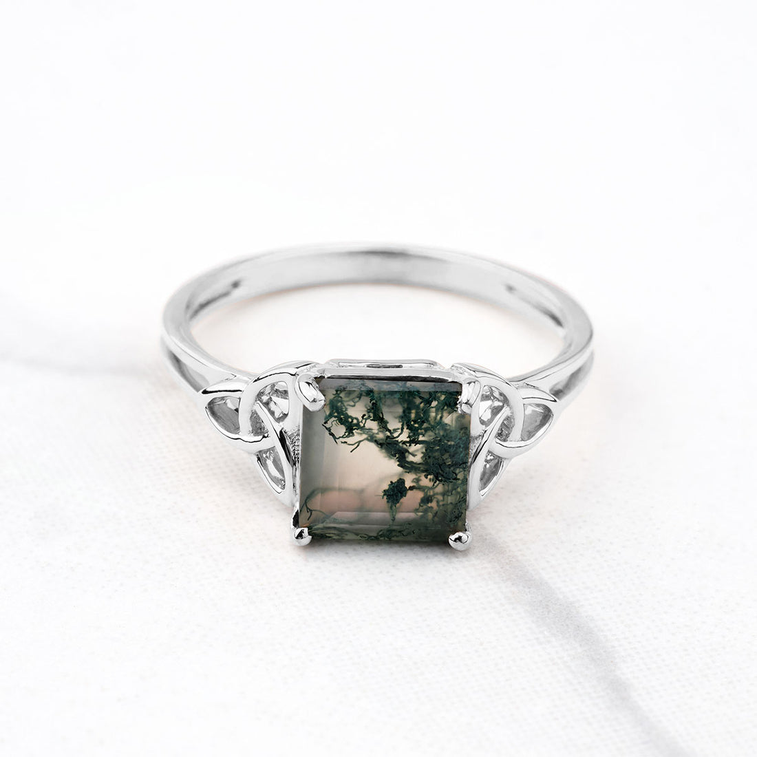 Princess Cut Solitaire Moss Agate Celtic Trinity Engagement Ring