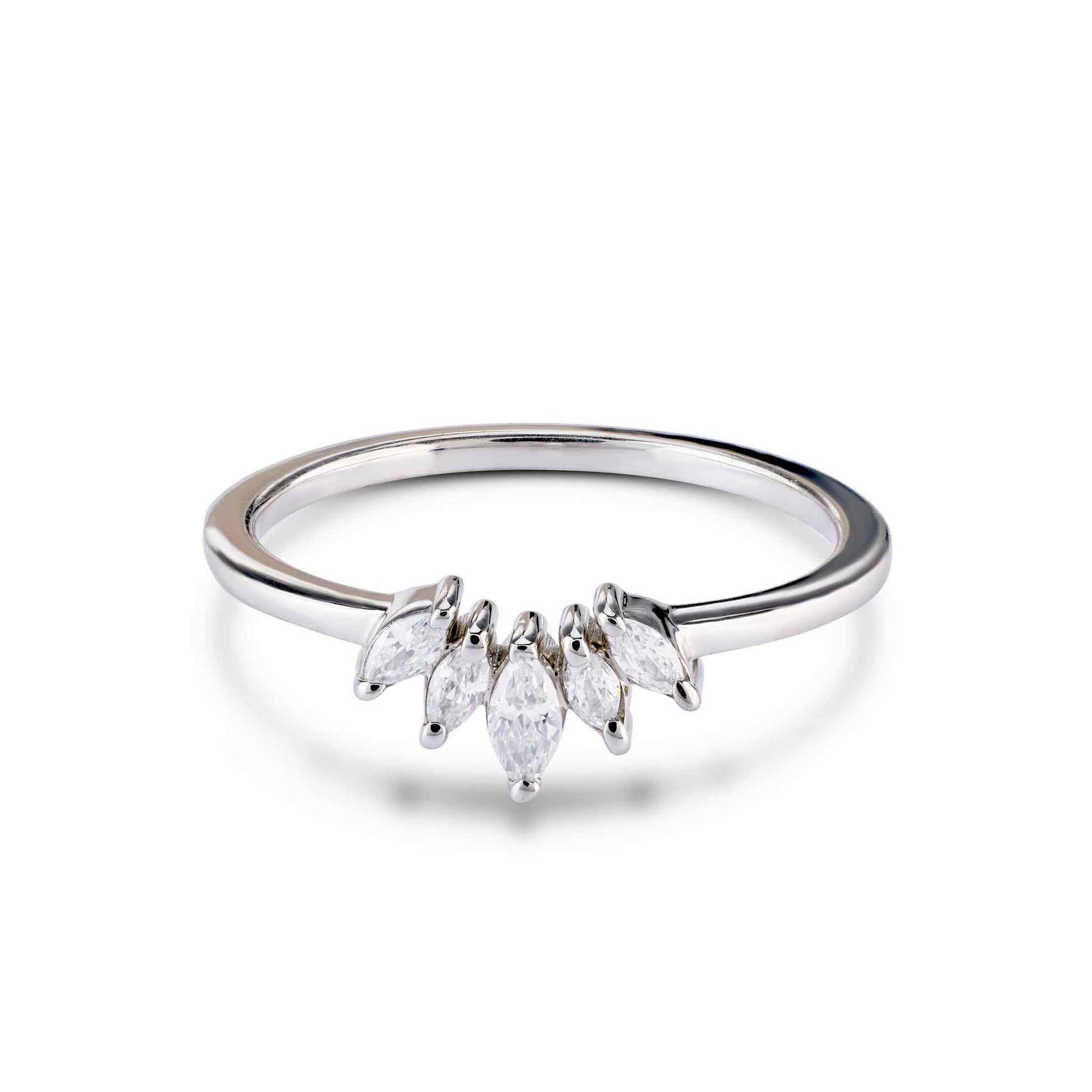 A delicate white gold ring with a V-shaped tiara setting composed of five sparkling marquise stones.