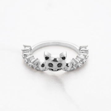 Diamond Cat Wedding Band Cute Kitty Cat Jewelry Stacking Band Sterling Silver Rose Gold White Gold