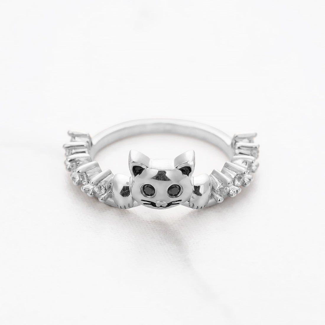 Moissanite Diamond Cat Wedding Ring Cute Kitty Cat Jewelry Stacking Band Sterling Silver Rose Gold White Gold