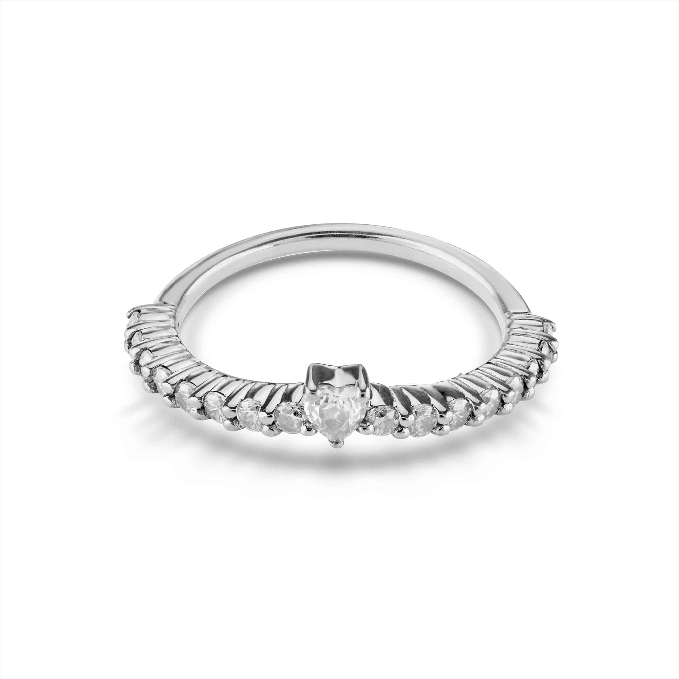 Modern silver ring with a heart focal point and unique diagonal grooved textures on the shank.