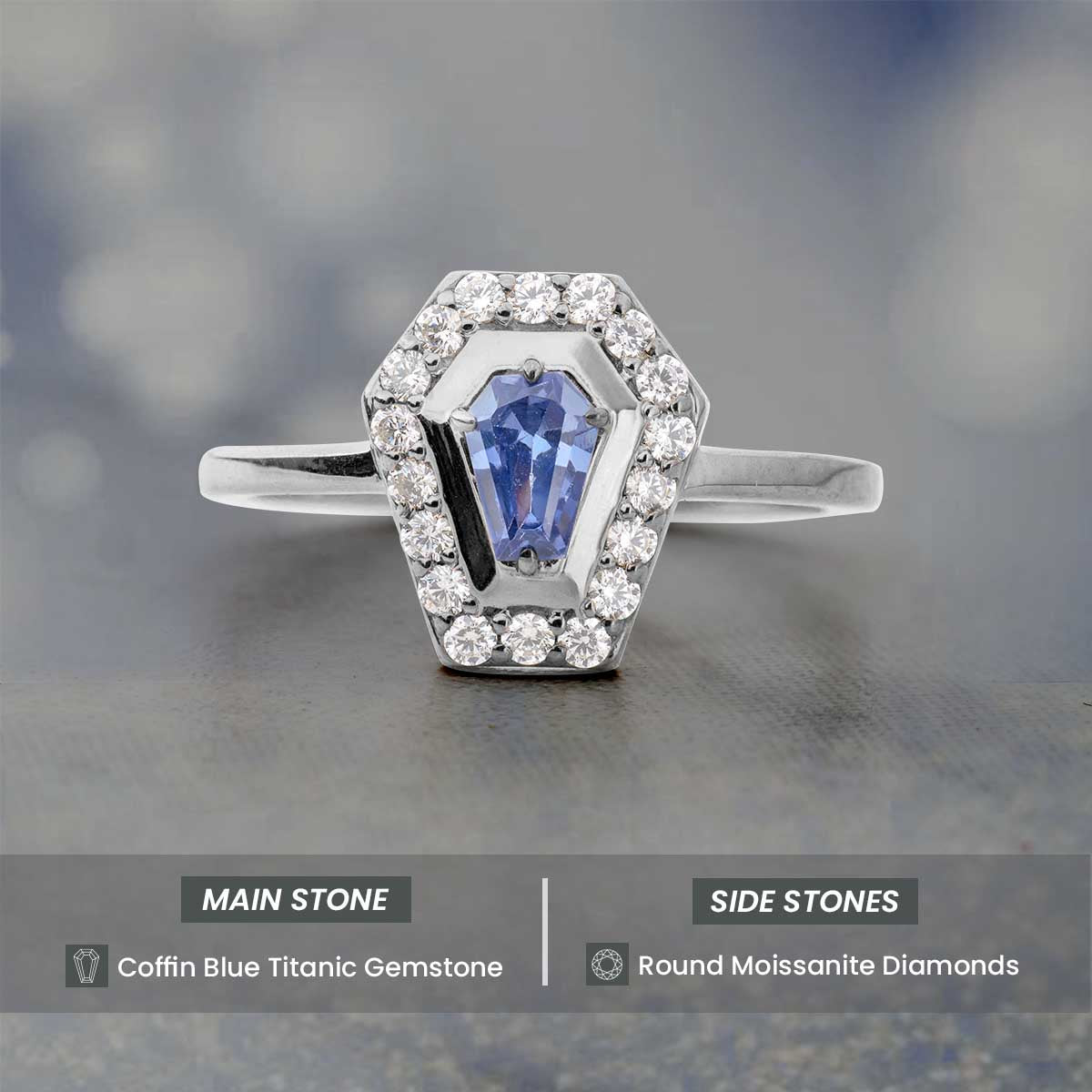 Coffin Shape Wedding Engagement Ring Blue Titanic Gemstone Coffin Rings Gothic Sterling Silver Rose White Gold