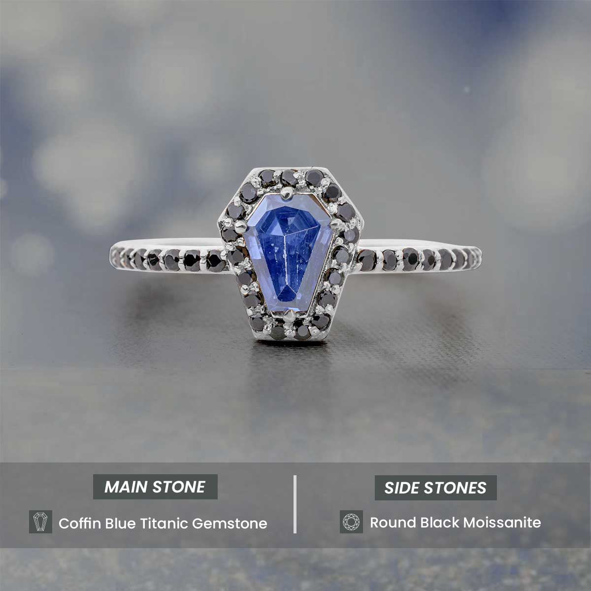 Halo Coffin Cut Engagement Rings for Women Gothic Blue Gemstone Sterling Silver