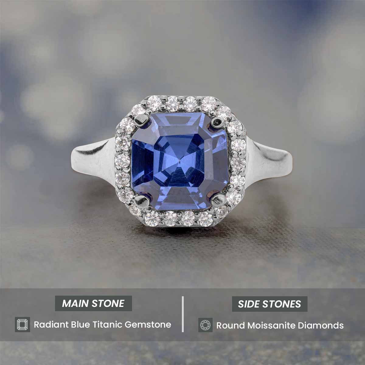 Blue Gemstone Statement Ring Halo Moissanite Engagement Ring