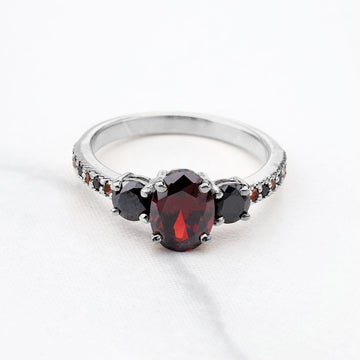 Red and Black Gothic Ring Multi Gemstone Oval Cut 3 Stone Engagement Ring