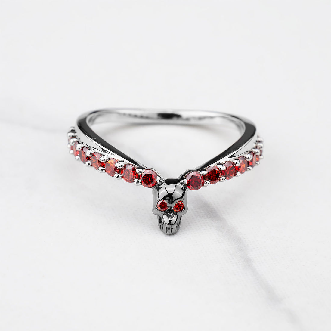 Red Garnet Skull Ring Enhancer Gothic Curved Wedding Band Sterling Silver Stacking