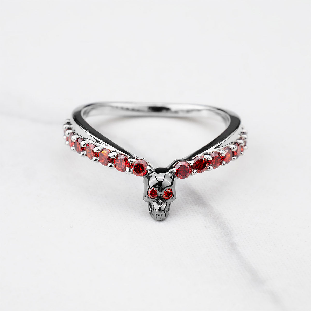 Red Garnet Skull Ring Enhancer Gothic Curved Wedding Band Sterling Silver Stacking