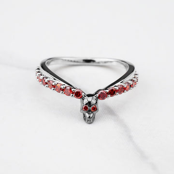 Red Garnet Skull Ring Enhancer Gothic Curved Wedding Band Sterling Silver Stacking