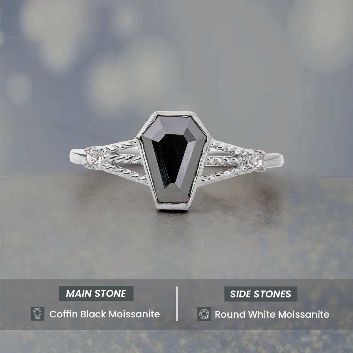 Black Spinel Coffin Ring Coffin Cut Gemstone Engagement Ring Rose gold Sterling Silver
