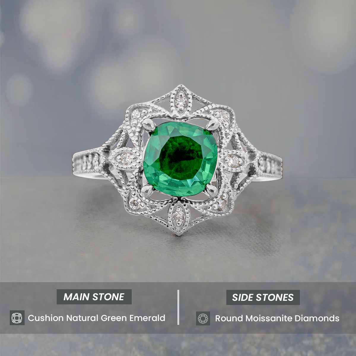 Women's Vintage Engagement Rings Cushion Cut Green Emerald Milgrain Art Deco Rose Gold