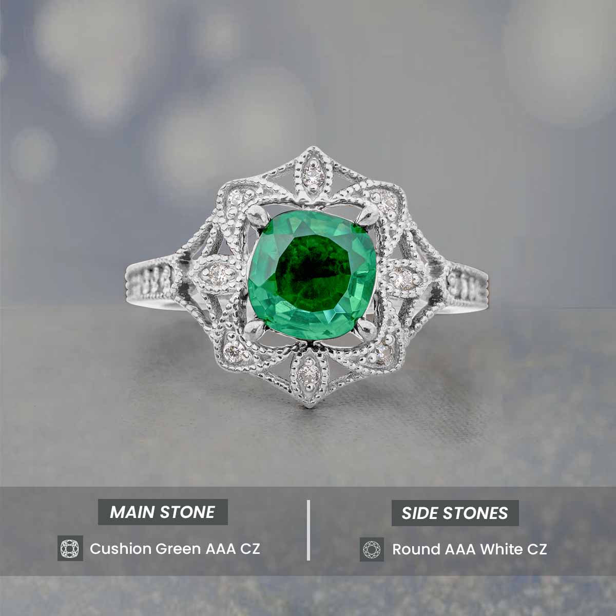 Women's Vintage Engagement Rings Cushion Cut Green Emerald