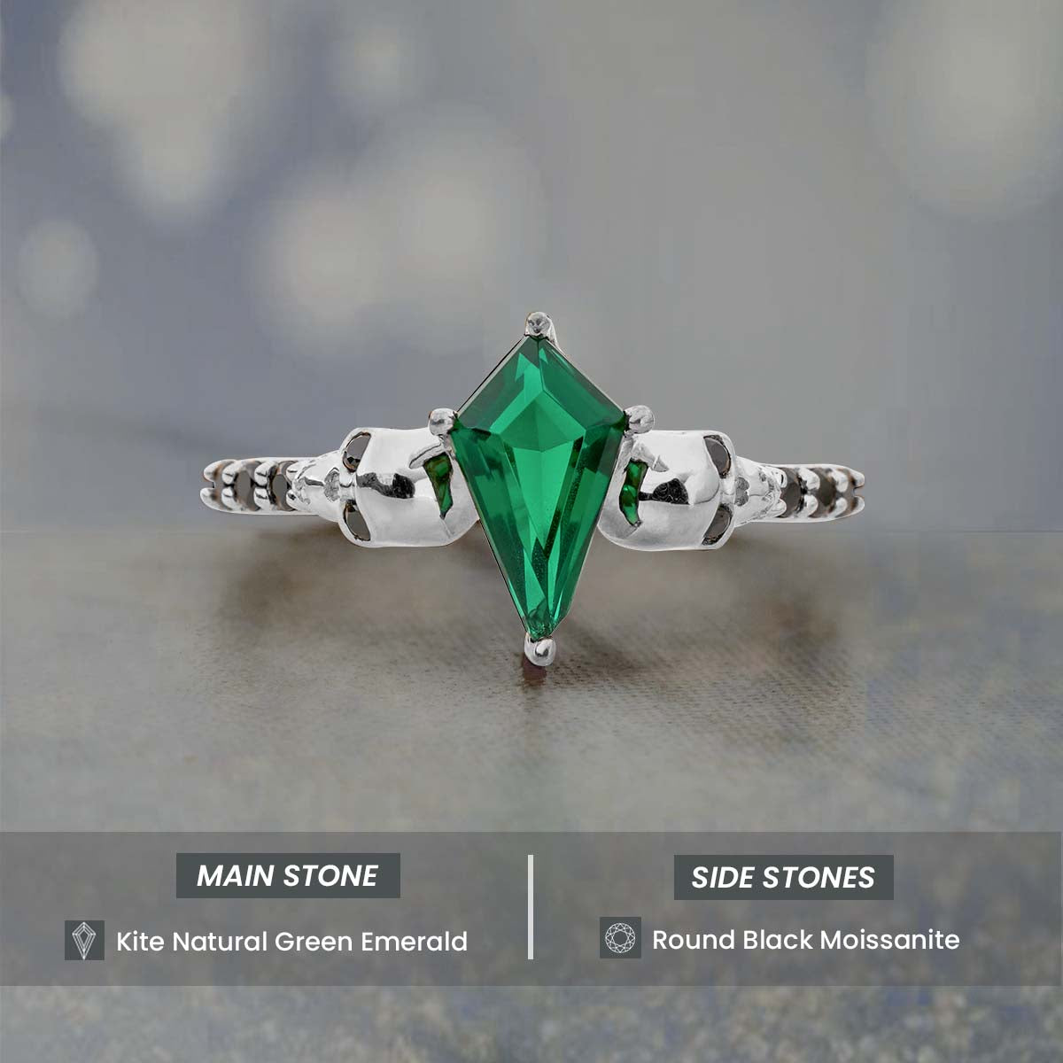 Kite Cut Green Natural Emerald Skull Ring Sterling Silver Rose Gold Gothic Engagement Wedding Rings