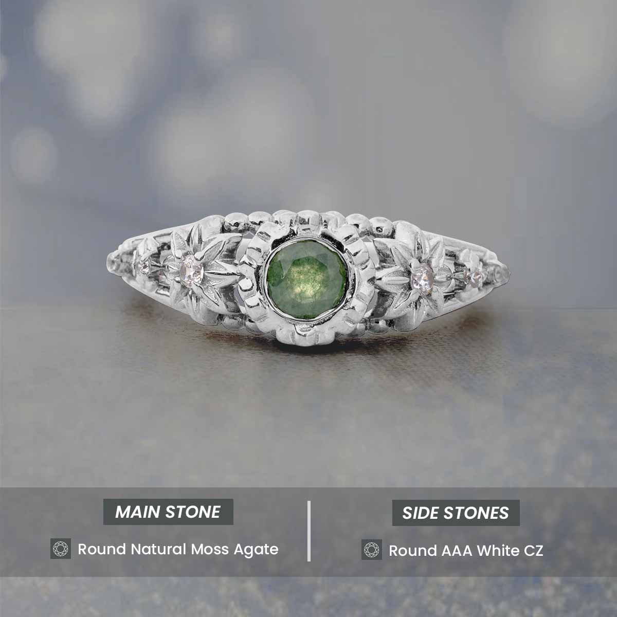 Round Cut Moss Agate Ring Flower Nature Inspired Engagement Rings Rose Gold