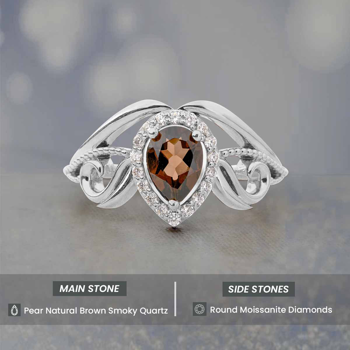 Pear Cut Smoky Quartz Ring Teardrop Brown Gemstone Vintage Engagement Ring Rose Gold