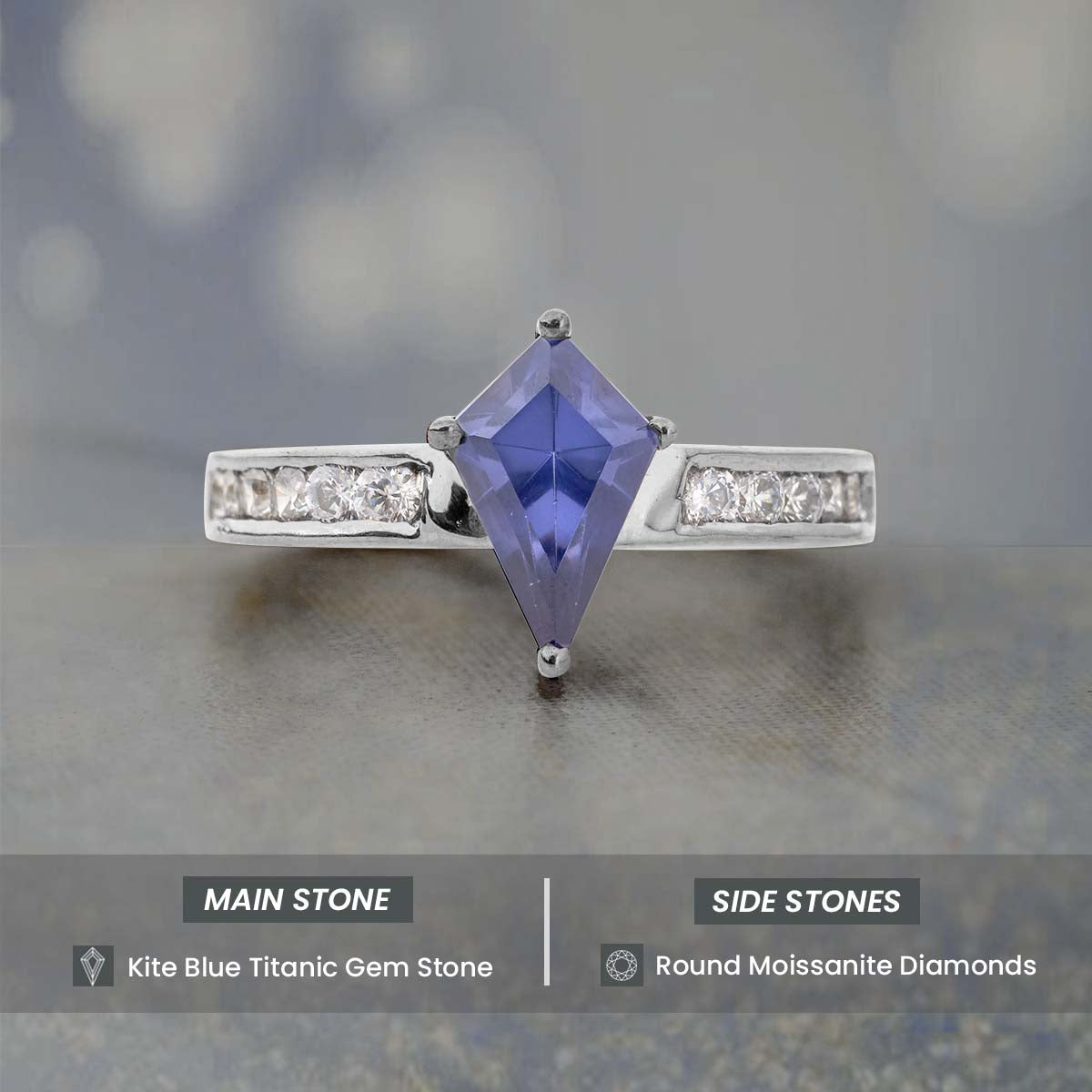 Kite Cut Blue Titanic Gemstone and Moissanite Ring Statement Engagement Rings Rose Gold