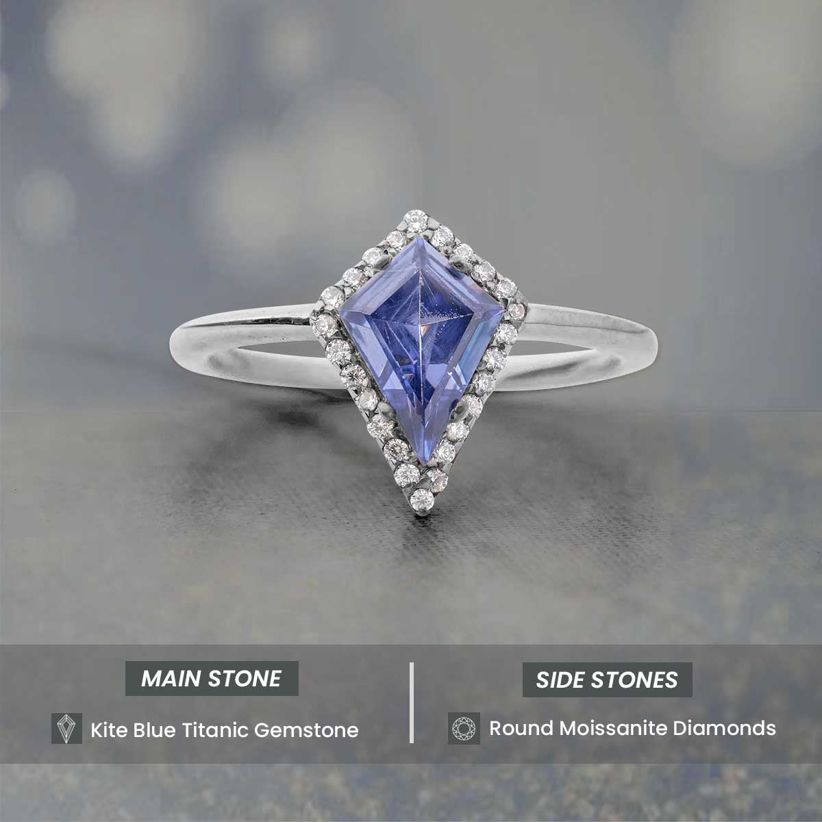 Kite Cut Halo Engagement Ring Blue Titanic Gemstone Rings Sterling Silver Rose Gold