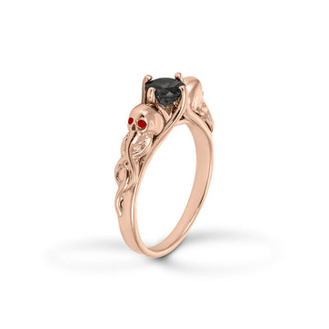 Natural Black Spinel Snake and Skull Ring with Red Garnet Eyes 10k Gold