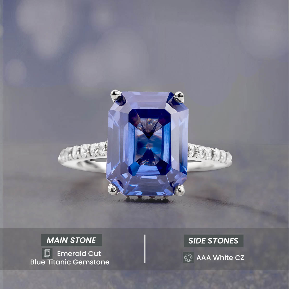 Emerald Cut Blue Titanic Gemstone Hidden Halo Statement Ring