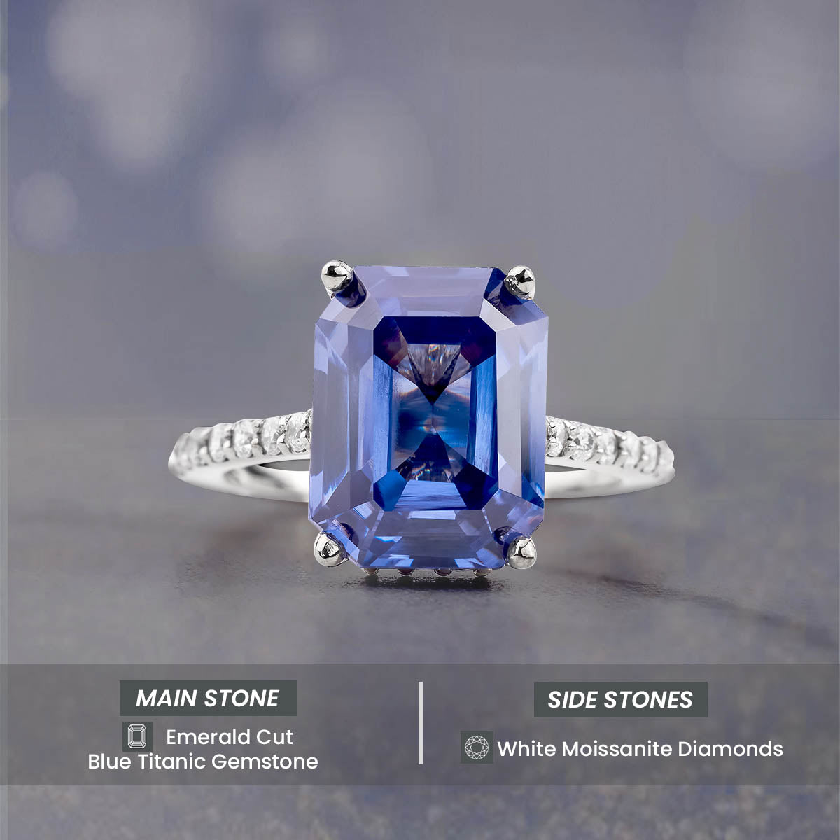 Women's Statement Ring Emerald Cut Blue Titanic Gemstone Hidden Halo Moissanite Cathedral