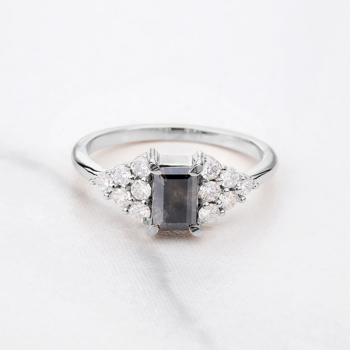 Baguette Cut Black Rustic Salt and Pepper Natural Diamond Ring