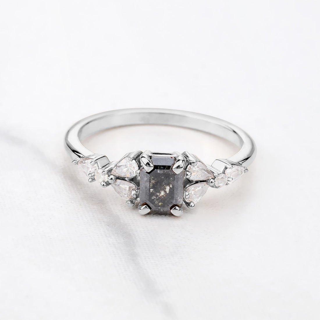 Emerald Cut Grey Natural Rustic Salt and Pepper Diamond Ring