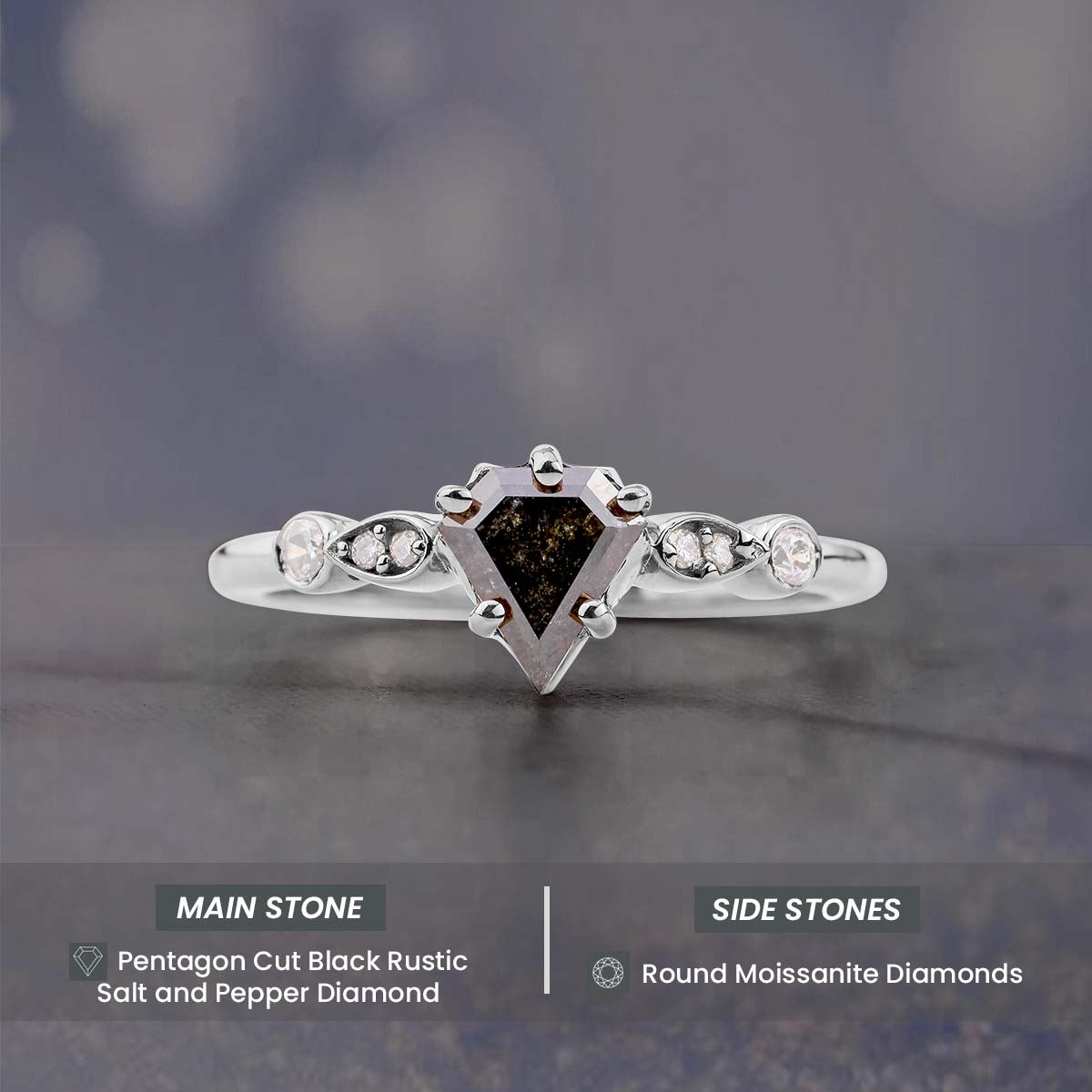 Pentagon Cut Salt and Pepper Rustic Diamond Wedding Ring