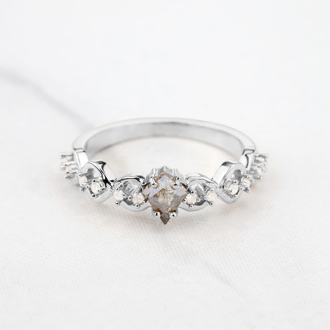Kite Cut Milky Salt and Pepper Diamond Vine Engagement Ring