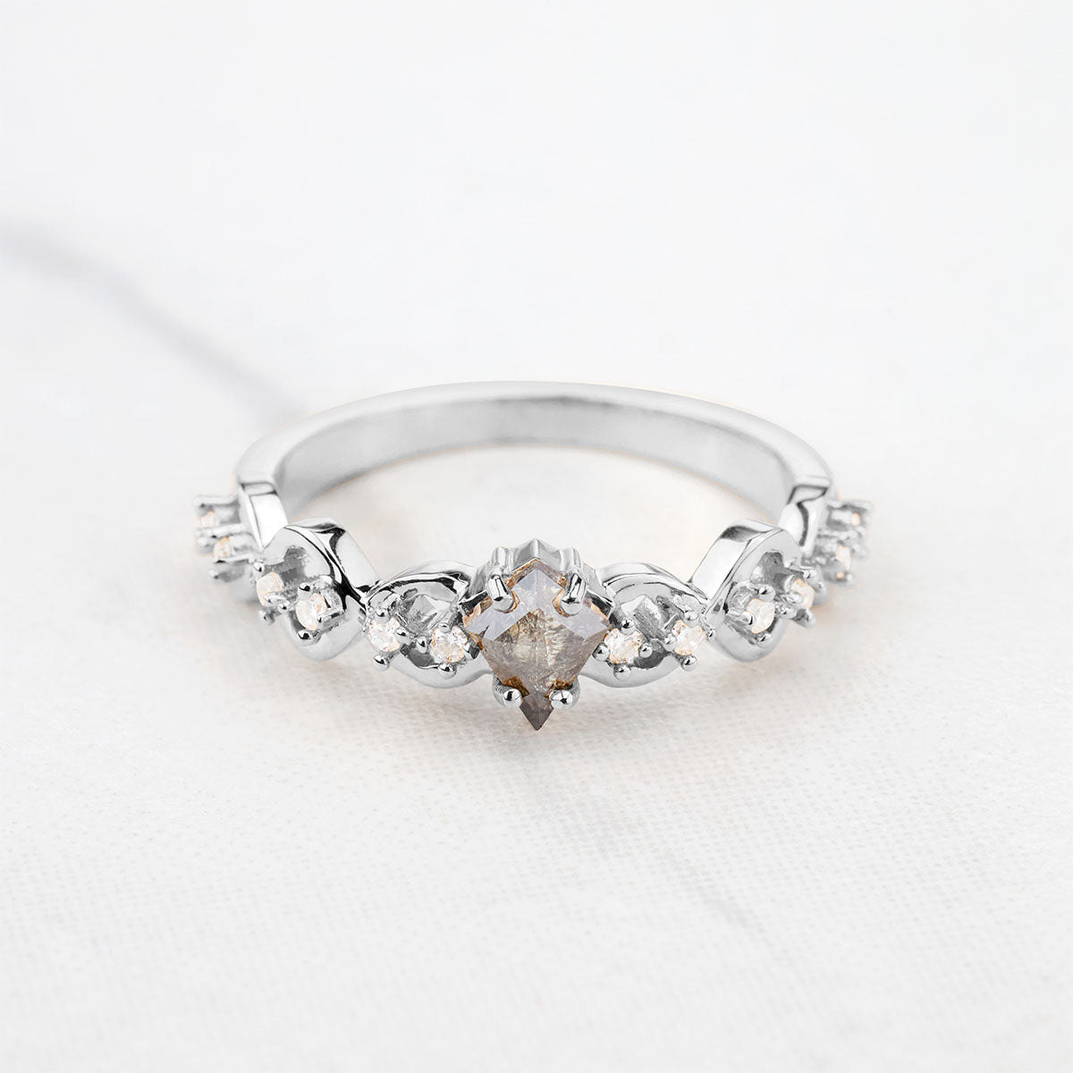 Kite Cut Milky Salt and Pepper Diamond Vine Engagement Ring