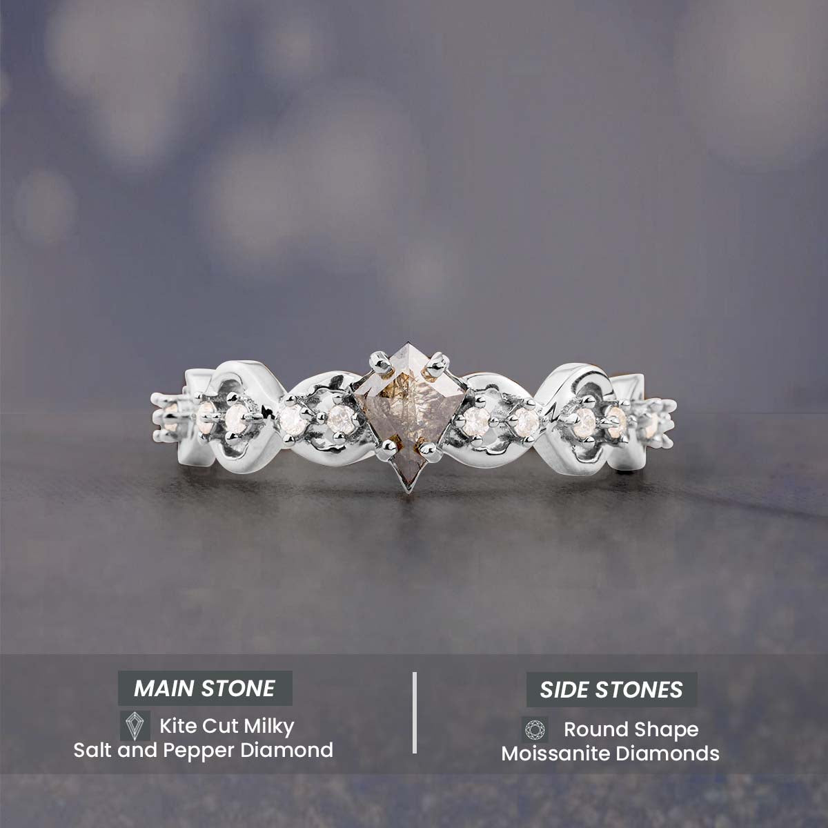 Kite Cut Milky Salt and Pepper Diamond Vine Engagement Ring